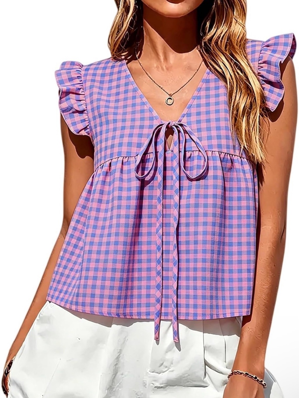 Women's Pink & Lavender Gingham Tie-Front Flutter Sleeve Top